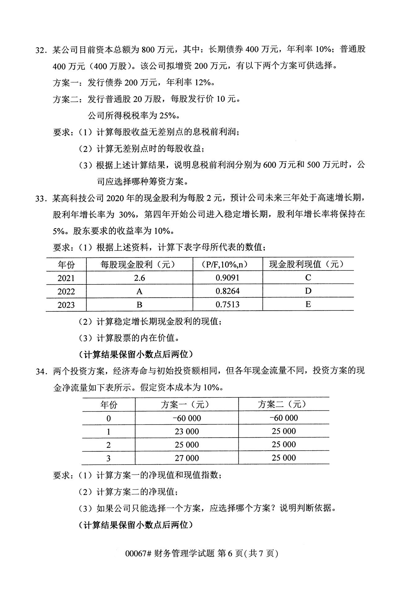 全國2020年10月自學考試00067財務管理學試題